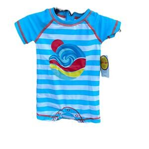 Blue & White striped ocean wave one-piece rashguard swimsuit size 3 months NEW